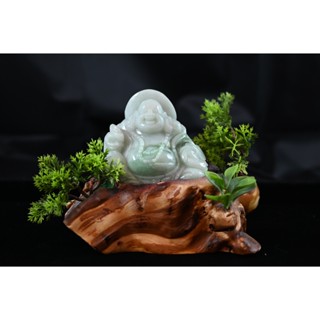 天然A貨翡翠/芙蓉種帶果綠色根/彌勒財神造型擺件