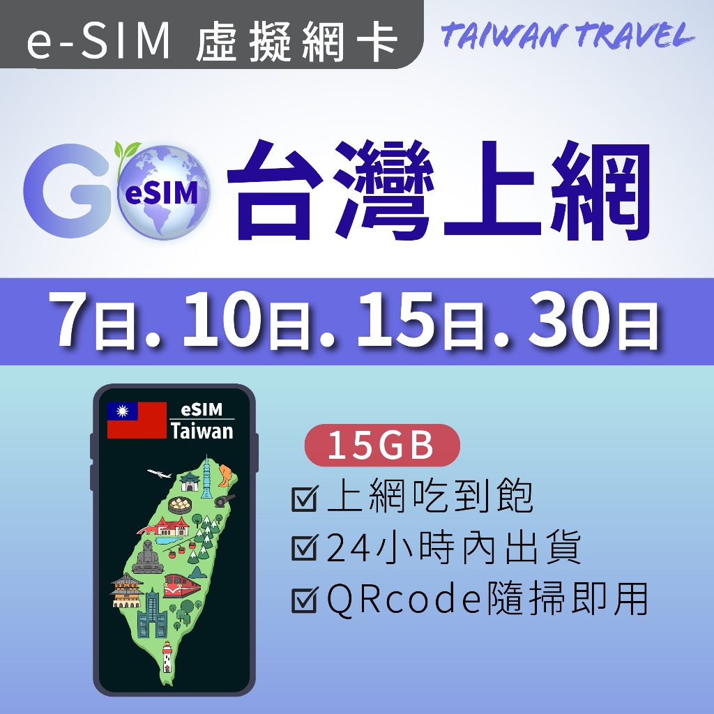 台灣上網卡 上網吃到飽  eSIM SIM 手機上網 eSIM台灣 7日 10日 15日 30日上網卡 Go esim