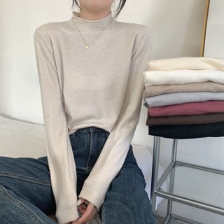韓版卷邊半高領上衣 長袖上衣女 黑色打底衣 秋冬長袖內搭 長袖針織上衣 針織內搭上衣 半高領針織長袖上衣 長袖 上衣女生
