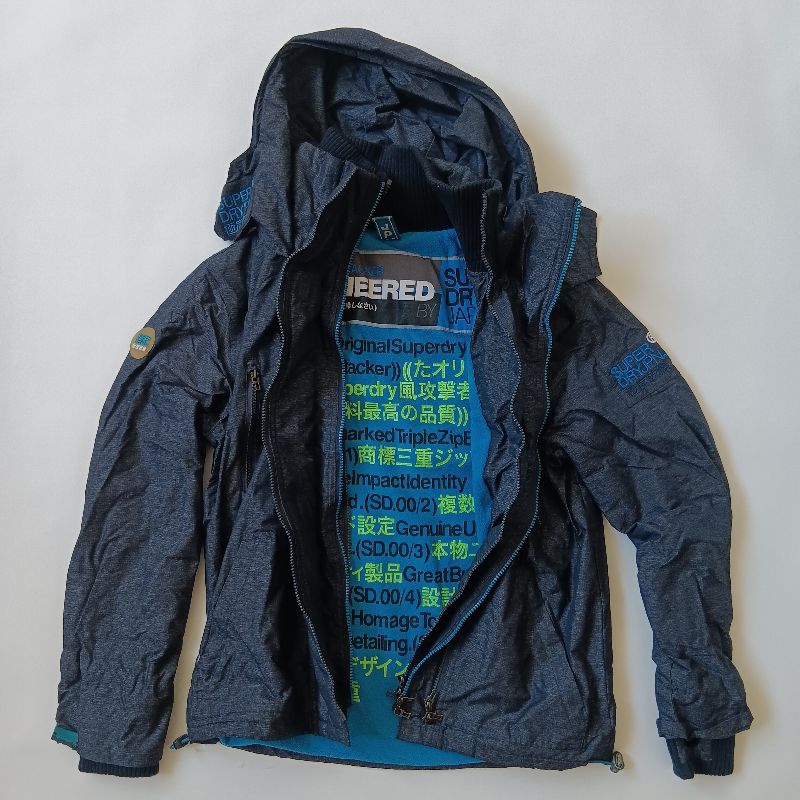 Superdry Engineered 極度乾燥 JAPAN｜藍保暖棉內裡｜防潑水風衣連帽外套｜男M號｜三層拉鍊｜