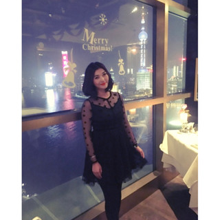 黑色 透明蕾絲 麂皮星星圖案 甜美 連身洋裝 Party 尾牙 年會