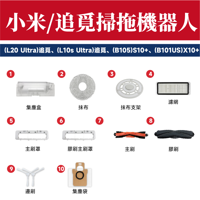 適用小米掃拖機器人S10+ X10+ 追覓系列配件 耗材 主刷 濾網 邊刷