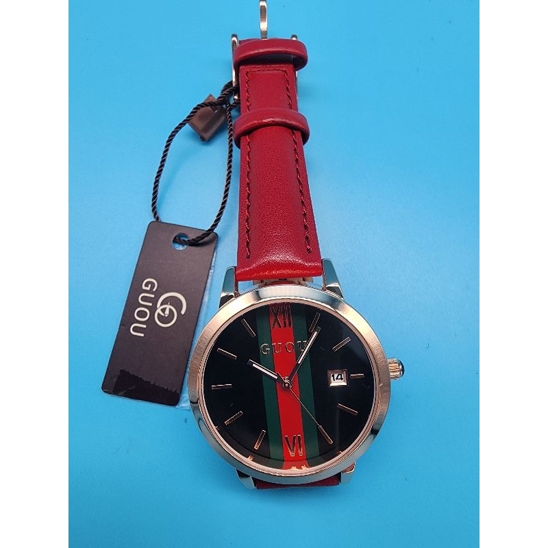 GUOU香港品牌古歐,時尚紅綠色玫瑰金皮錶