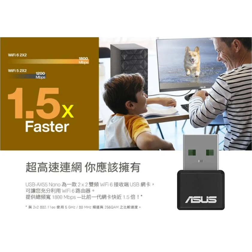 ASUS 華碩 USB-AX55 NANO 雙頻 AX1800 Wi-Fi 6 USB 無線網路卡(Wi-Fi網卡)
