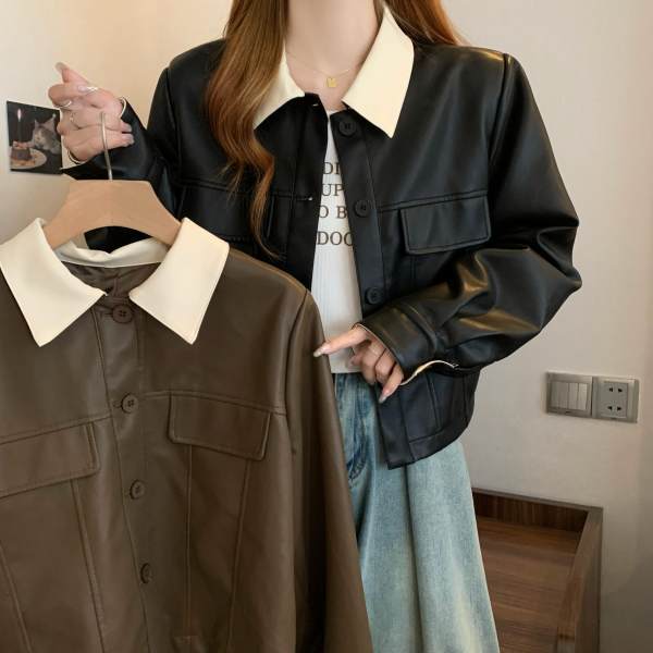 愛依依 皮衣外套 短外套 夾克上衣 機車外套M-4XL韓版氣質皮衣Polo領甜酷皮衣外套2F093-857.