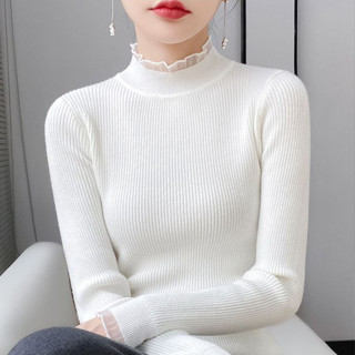 胖胖美依 長袖上衣 打底衫 內搭衫 冬季全新精緻蕾絲木耳邊半高領打底衫女長袖配大衣TBF15.8525