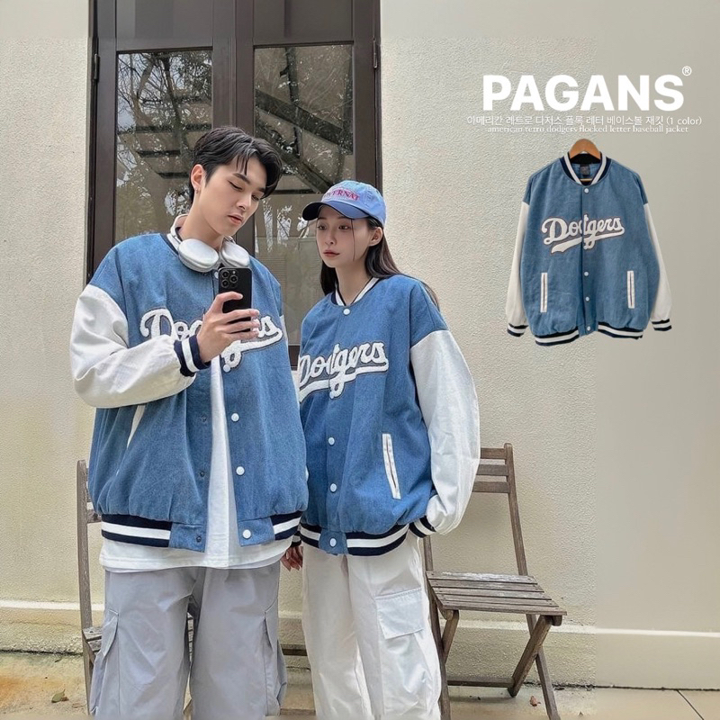 【PAGANS STORE】韓國 Dodgers 美式 復古 植絨 刺繡 草寫 英文 拼接 牛仔 外套 夾克 棒球外套