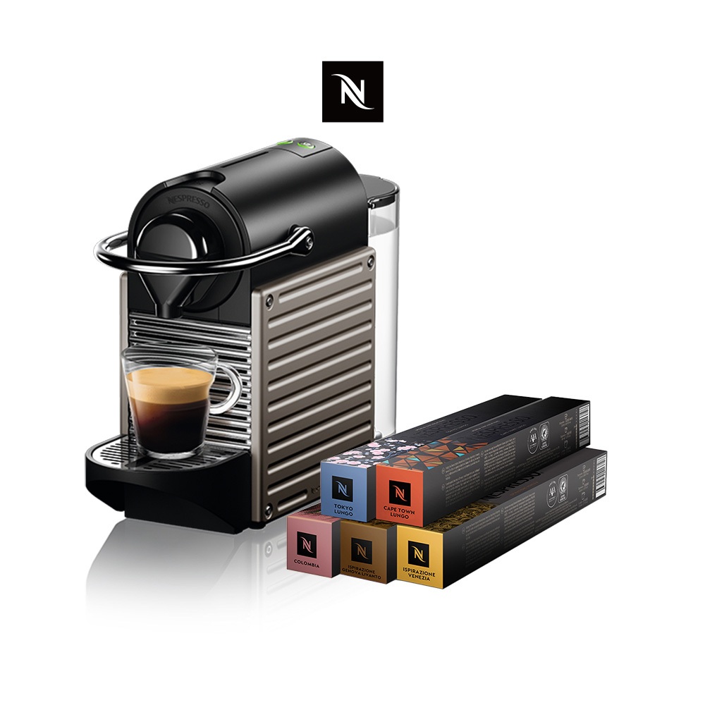 【Nespresso】膠囊咖啡機 Pixie(鈦金屬) &amp; 訂製時光咖啡50顆膠囊組 (贈咖啡組)