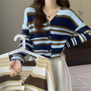 雅麗安娜 針織衫 毛衣 上衣 韓系小眾撞色條紋開衫針織衫慵懶風寬鬆長袖上衣長袖BC1030-1982.