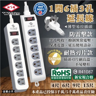 臺灣製【威電牌 1開6插3孔延長線】4尺 6尺 9尺 15尺 延長線 防雷擊 突波吸收 耐熱刃片 電源線【LD087】