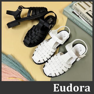 【Eudora】MIT台灣製 羅馬涼鞋 編織涼鞋 包頭涼鞋 魚骨涼鞋 魔鬼氈涼鞋 皮革編織 魚骨 平底低跟 涼鞋 羅馬鞋