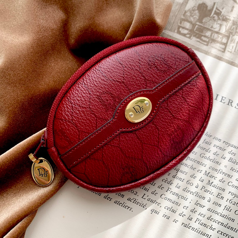 中古很新！美品 - 迪奧 Christian Dior Vintage 稀有紅色蜂巢格紋 Dior 零錢包/ 古董零錢包