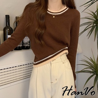 【HanVo】氣質圓領撞色針織短版上衣 甜美質感修身顯瘦針織 韓系女裝 女生衣著 1979