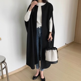 Y2 style▪️設計感圓領披風毛呢馬甲長外套u▪️Y2style歐美設計款韓版顯瘦修身寬鬆中大尺碼【L30521】