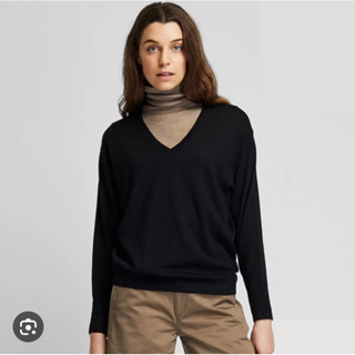 （二手）UNIQLO 優衣庫 女裝精紡美麗諾設計V領毛衣（長袖）