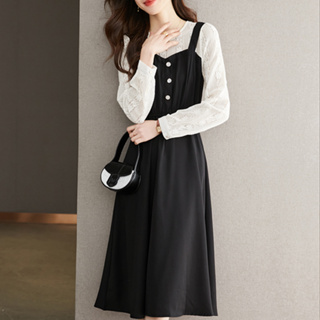 胖胖美衣 簡約 顯瘦 假兩件 連身裙長裙韓版蕾絲長袖T614-8457.
