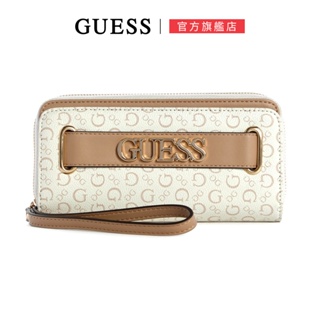 【GUESS】滿版印花LOGO配飾拉鍊手拿長夾-白