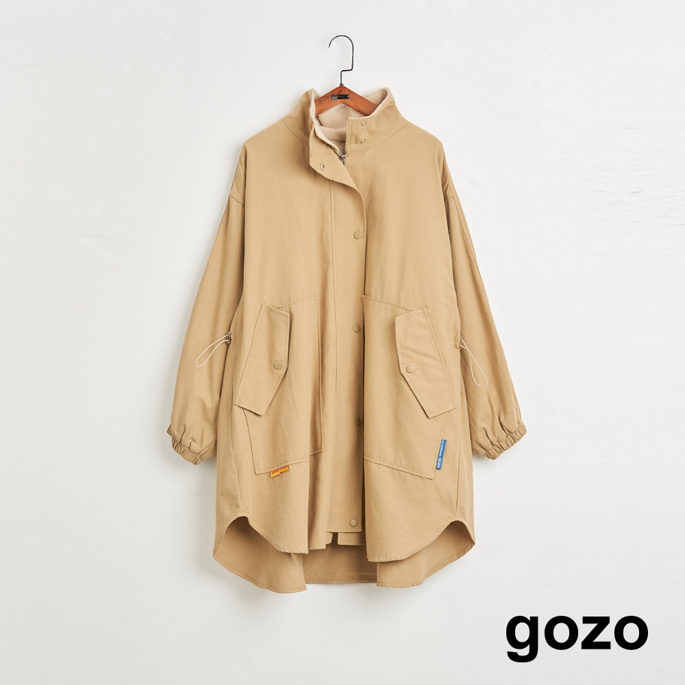 【gozo】➤大口袋抽繩內絨毛長版外套(卡其/深綠_F) | 女裝 顯瘦 休閒