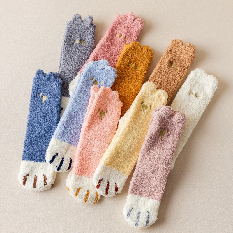 貓爪襪子女中筒襪加絨加厚保暖冬天毛毛絨珊瑚絨睡眠襪睡襪地板襪