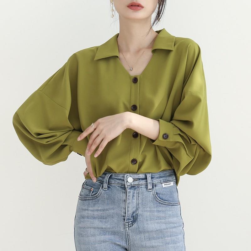 韓版大尺寸長袖襯衫酪梨綠緞面法式襯衫 寬鬆胖妹妹襯衫