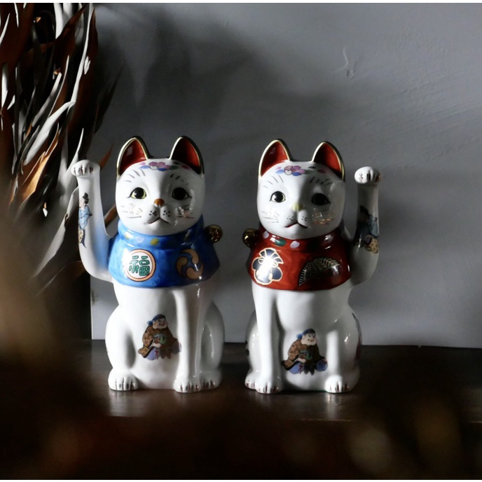 日本 陶瓷 瀨戶燒 招き猫 赤繪 七福神 招財貓 商空擺件