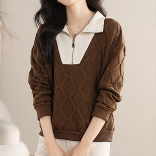 雅麗安娜 針織衫 上衣 毛衣S-2XL撞色拼接衛衣秋季時尚百搭舒適顯瘦衛衣毛衣NC17-5592.