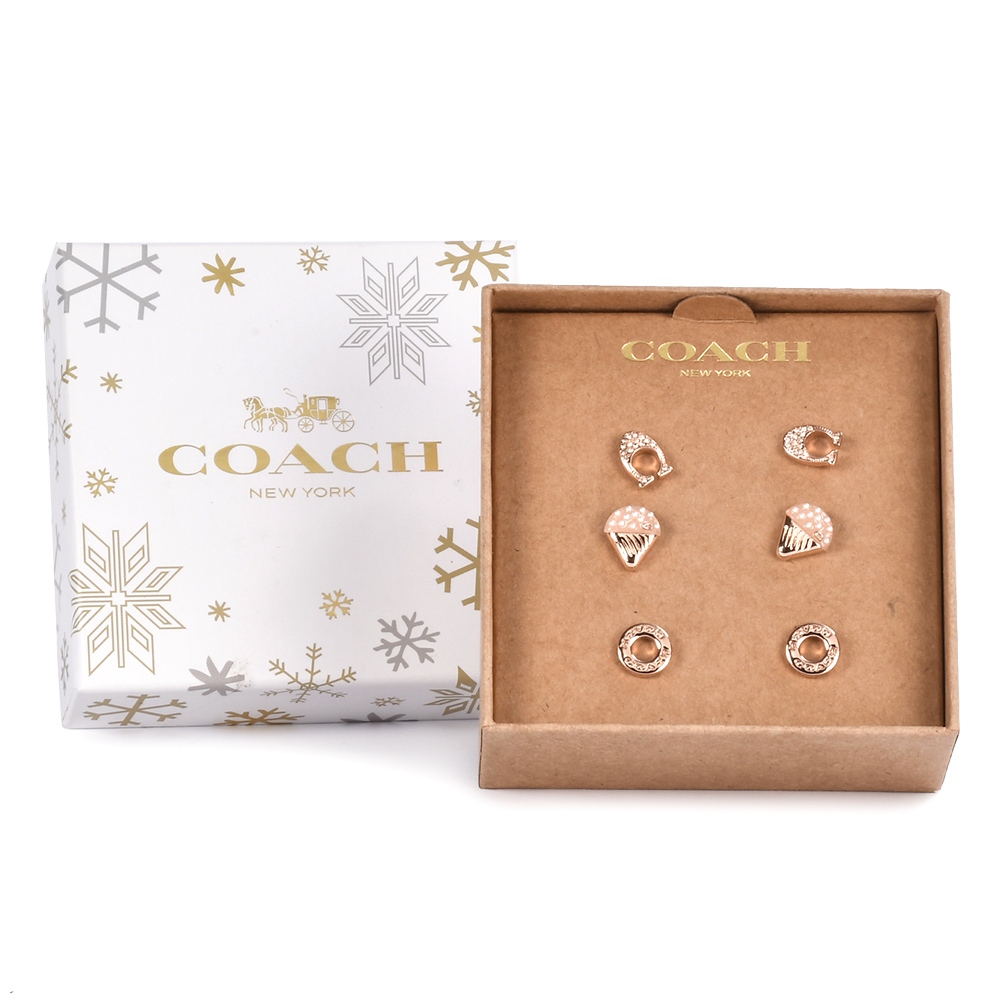 COACH限量雪花禮盒三件式穿式耳環禮盒(玫瑰金)193841