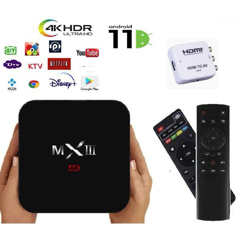 MXIII智慧電視盒 +谷哥助理語音體感搖控+HDMI-AV轉換器(適用傳統電視)