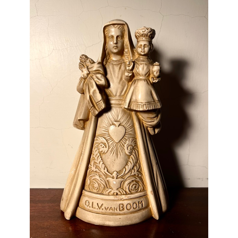大件【梅根歐洲古物】1930年比利時手工聖母瑪利亞古董石膏像 *現貨在台*#老物藝術#宗教信仰#天主教基督教#耶穌聖經