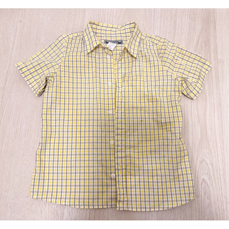 （二手狀況新）正品法國童裝Bonpoint黃灰色短袖格紋襯衫8Y 版小