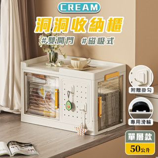 【現貨】CREAM 磁吸式雙開門洞洞收納櫃-單層50公升 收納箱 置物櫃 收納櫃 收納 洞洞板 附輪 抽屜櫃