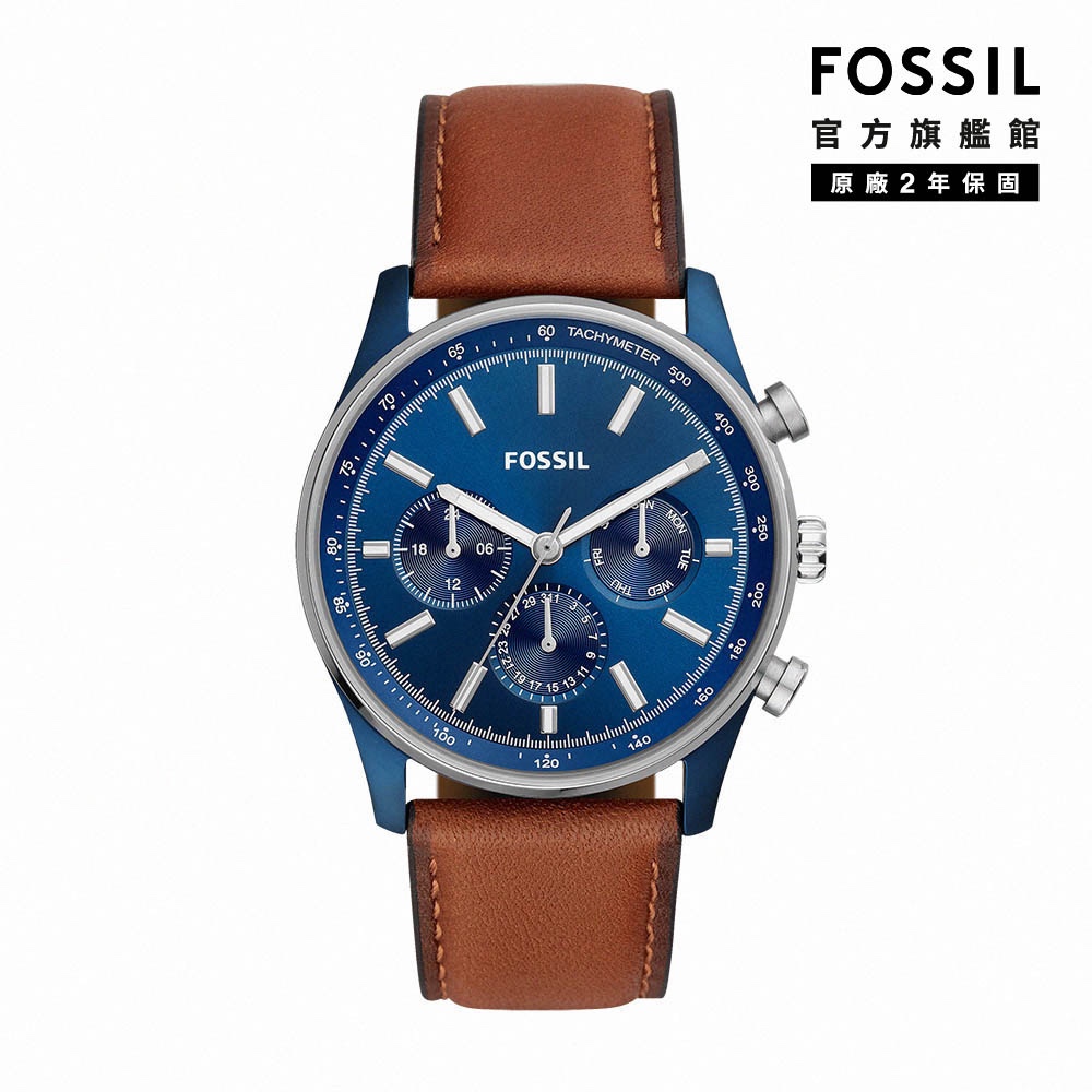 【FOSSIL 官方旗艦館】Sullivan 紳士休閒美學三眼多功能手錶 湛藍錶殼棕色真皮錶帶 44MM BQ2512