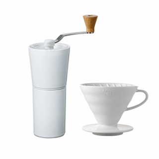 【HARIO】HARIO 純白系列 V60 簡約磁石手搖磨豆機-白色 + V60白色02磁石濾杯 閃物咖啡