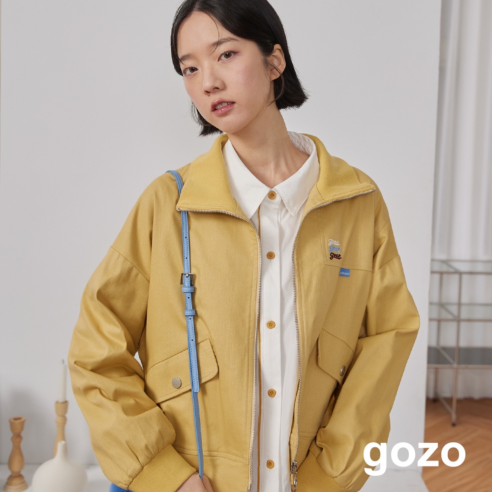 【gozo】gozo三次方羅紋翻領拉鍊外套(黃色/淺藍_F) | 女裝 高領 休閒