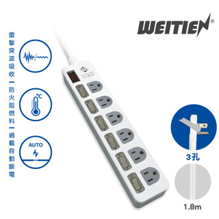 【威電】過載自動斷電延長線 7開6插延長線 防雷抗突波電腦延長線(6-9尺) 插座延長線 安全延長線 CK-3763