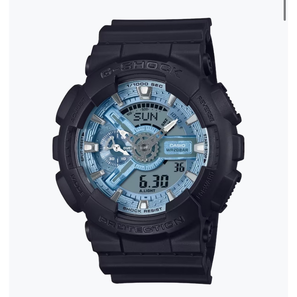G-SHOCK CASIO 卡西歐 經典酷黑 獨特百搭 冰藍色錶盤 人氣雙顯 GA-110CD-1A2_51.2mm