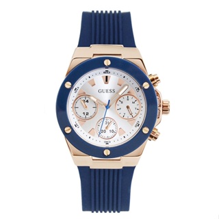 GUESS原廠平輸手錶 | 金框 白面 三眼日期顯示 圓型腕錶 藍色矽膠錶帶 (GW0030L5)