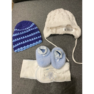 禦寒必備保暖商品嬰兒h&m帽子 毛帽2-6m+全新手工藍色毛線帽0-6m 贈二手毛襪+肚圍