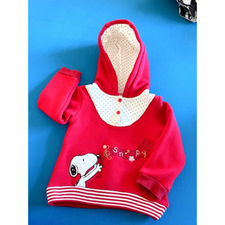 童裝 女童女寶女生兒童小孩 SNOOPY 史奴比 刺繡圖案長袖連帽上衣 長帽T 內刷毛90公分 冬裝 秋冬季衣服 二手衣