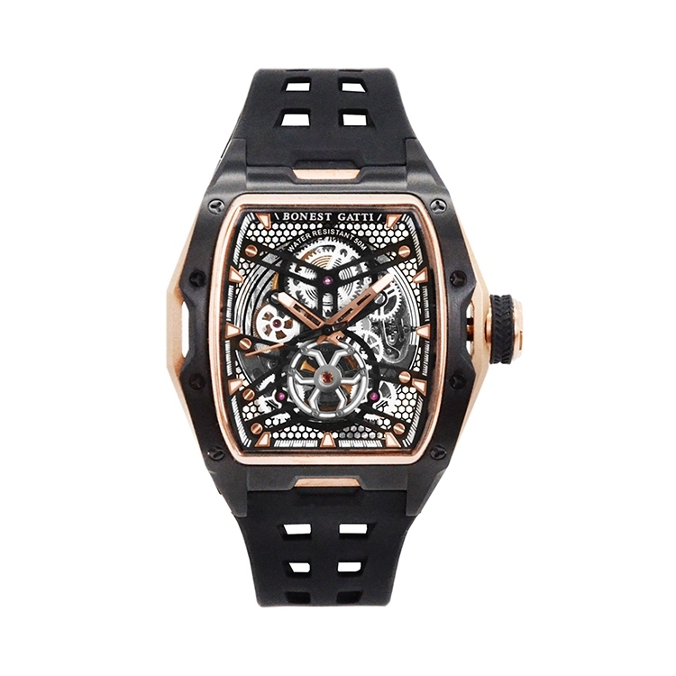 BONEST GATTI布加迪 黑金款 鏤空面盤 酒桶造型 氟橡膠錶帶 自動上鍊機械腕錶