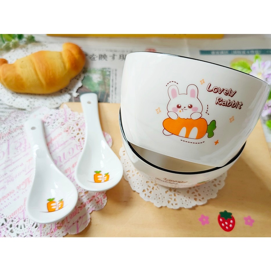 股東會紀念品 樂曼尼 迷人兔2碗2匙 陶瓷碗 陶瓷湯匙 飯碗 湯碗 可愛兔 迷人兔 兔碗組