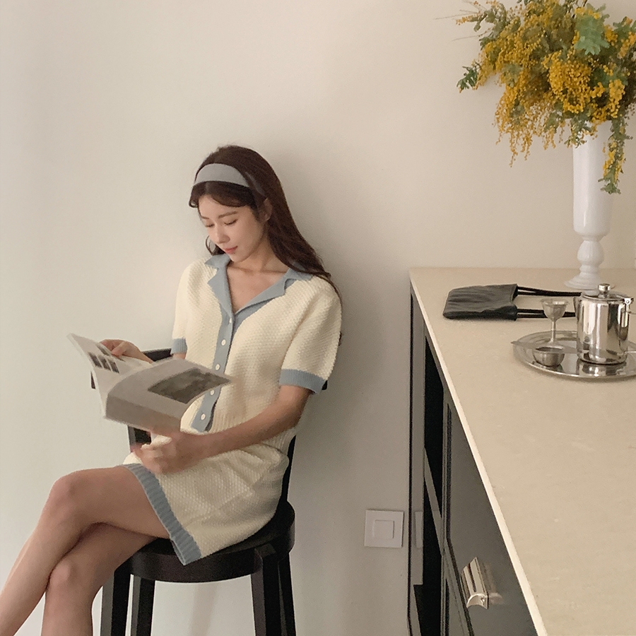 MUMU【T03105】台灣現貨 韓國同款 小香風 新款 套裝 短裙 收腰 顯瘦 洋裝 質感配色 針織套裝 粉色 藍色