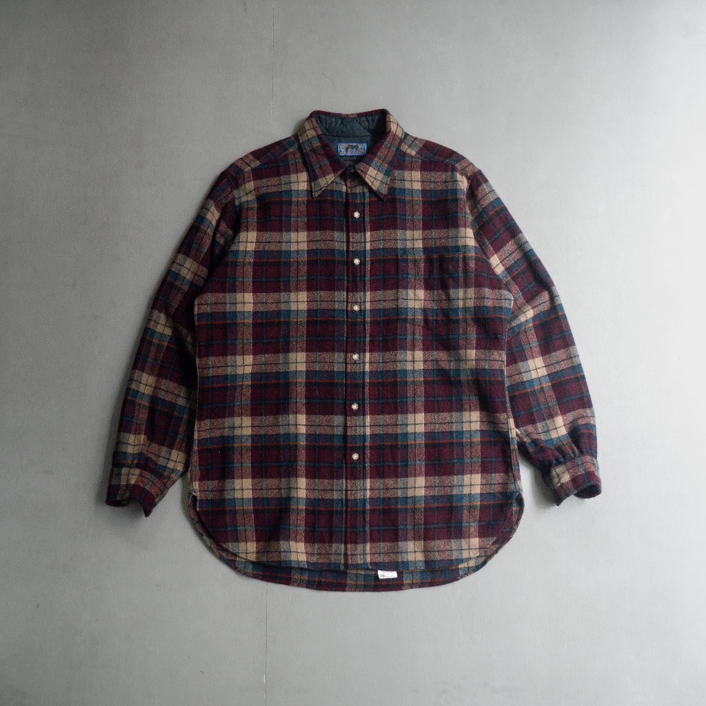 《白木11》 70-80S PENDLETON WOOL LODGE SHIRT 美國製 酒紅色 格紋 羊毛 長袖 襯衫