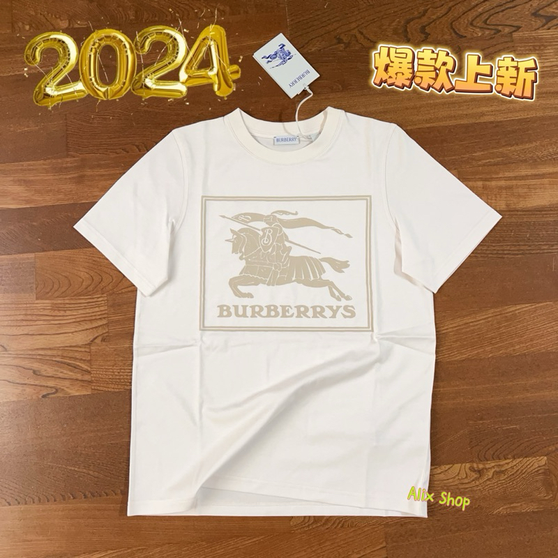 2024 Burberry 印刷 戰馬騎士Logo 棉質 T 恤、淡奶油色 童裝短T、短袖 女成人可穿 上衣。