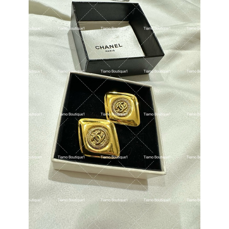 Chanel Vintage  真品 菱型方塊夾式耳環  24K金成分