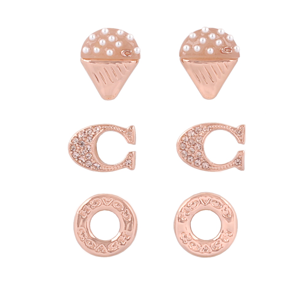 COACH 刻印圓圈/水鑽C Logo/樹脂珍珠冰淇淋耳環禮盒組(玫瑰金) CO292 RGD