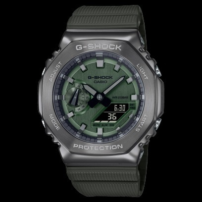 []錶子$行頭[]  CASIO 卡西歐 G-SHOCK 八角金屬錶殼 雙顯手錶 灰x綠 - (GM-2100B-3A)