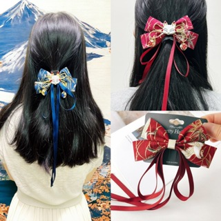 日式復古狐狸蝴蝶結髮夾／L23 和風 日系造型 緞帶櫻花 鈴鐺