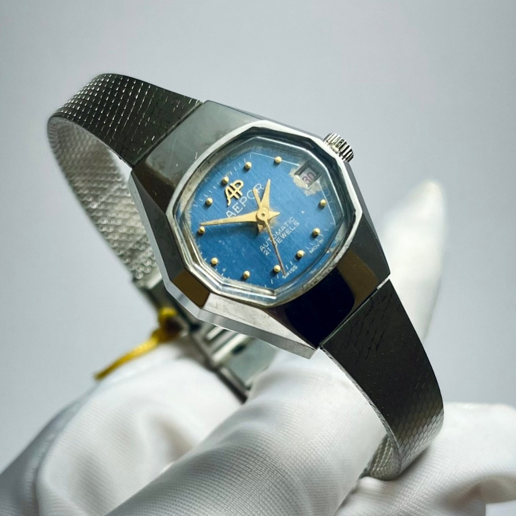 全新 瑕疵 AEPOR 艾伯 瑞士 SWISS 自動錶 早期老錶 古董錶 仕女錶 六角 手錶 銀色 藍色 復古 簡約