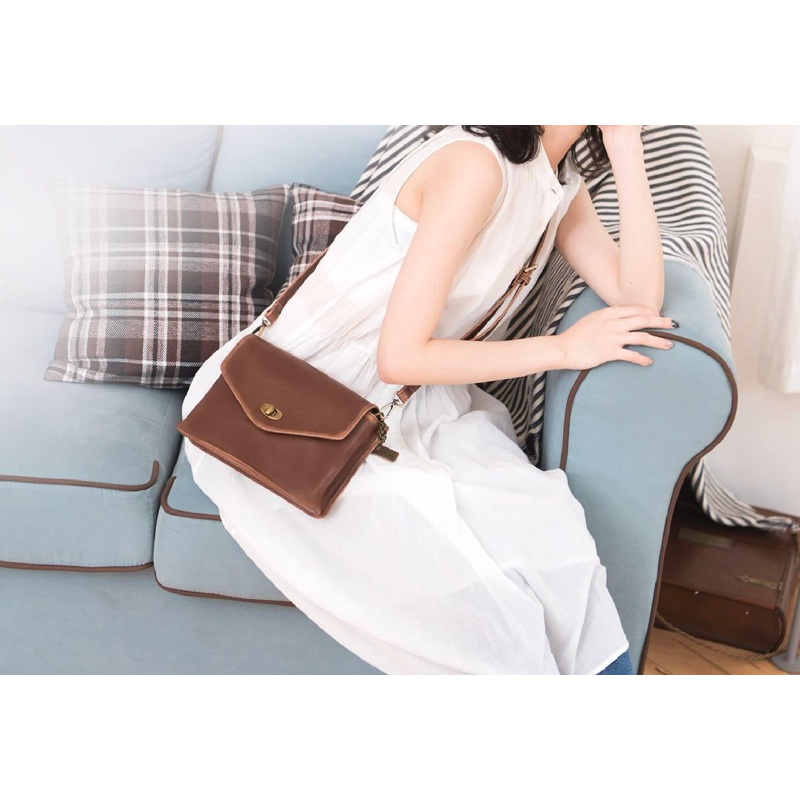 日本miryoku咖啡復古皮革小信包/斜背包/單肩包